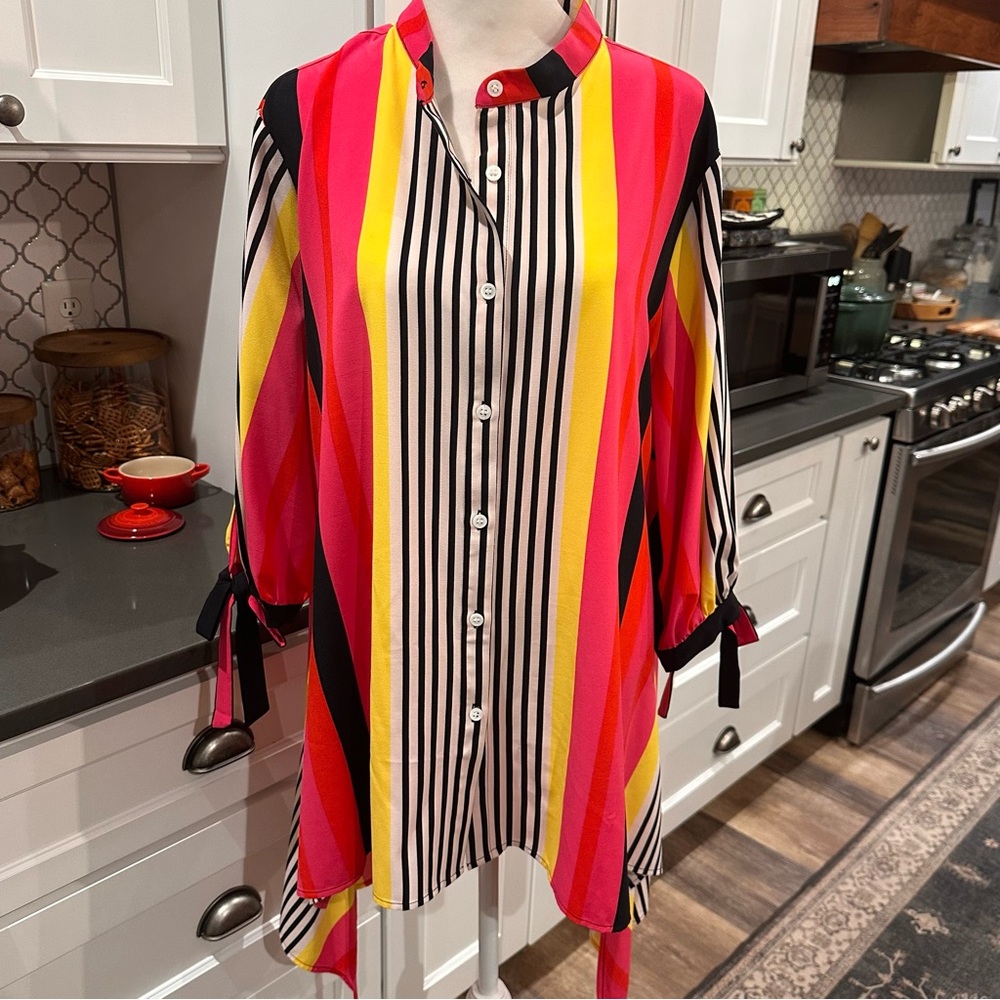 Nygard Women XL Bright Pink Stripe Tie Sleeve Button Tunic Blouse Top Colorful - Picture 6 of 10